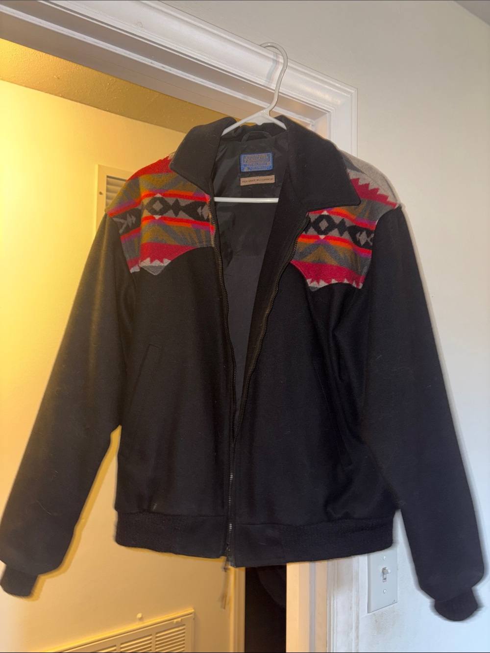 Pendleton Black Jacket with Red and Gray Aztec Yoke